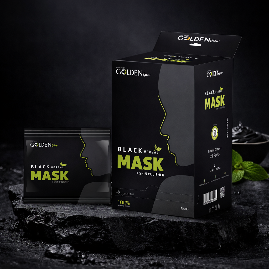 Golden Glow Black Charcoal Face Mask & Skin Polisher – Pack of 24 Sachets | Best Black Herbal Mask in Pakistan