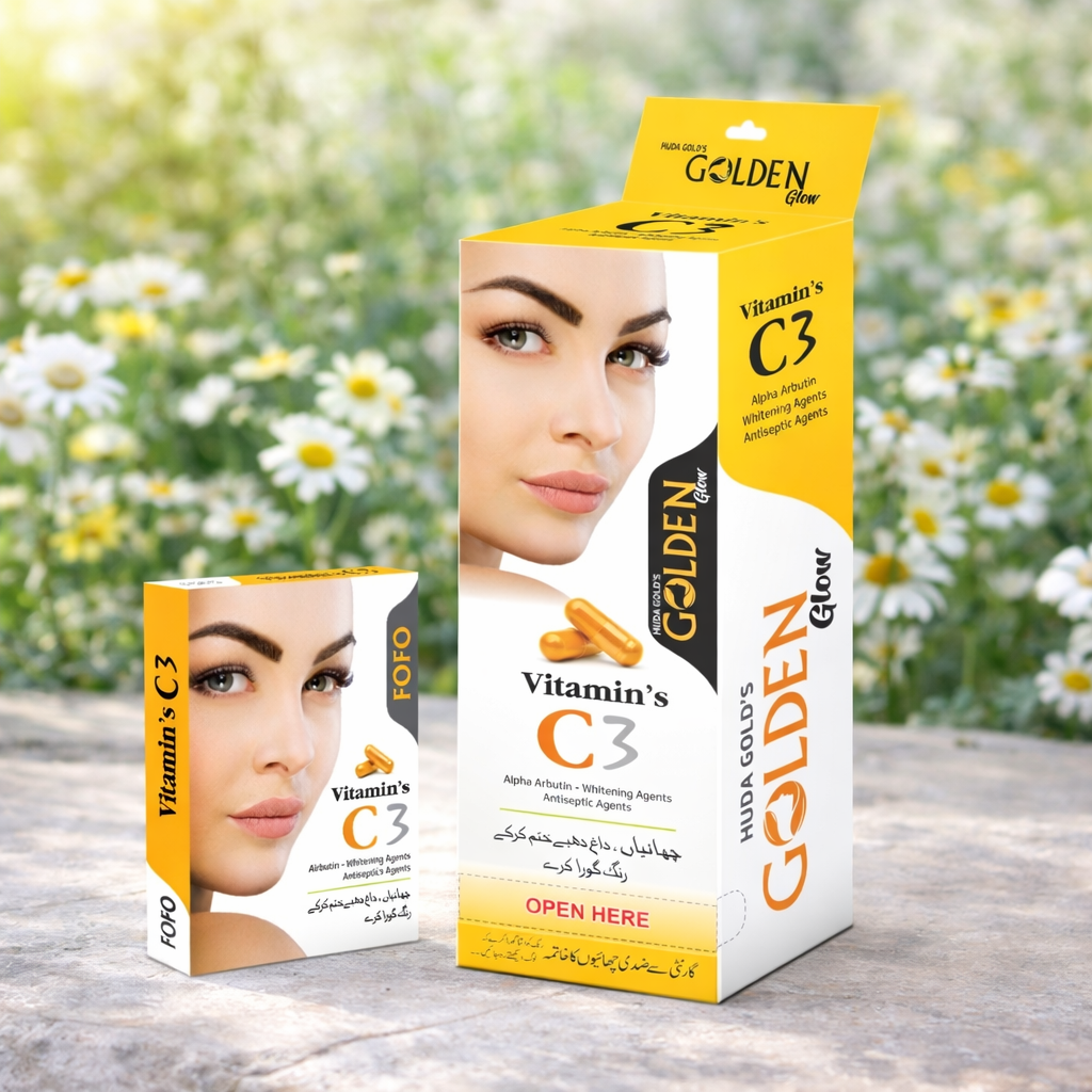 Golden Glow Vitamin C3 Face Capsule 24 Pack by Mlatif and Sons | Vitamin C Tablets for Skin, Acne & Wrinkles